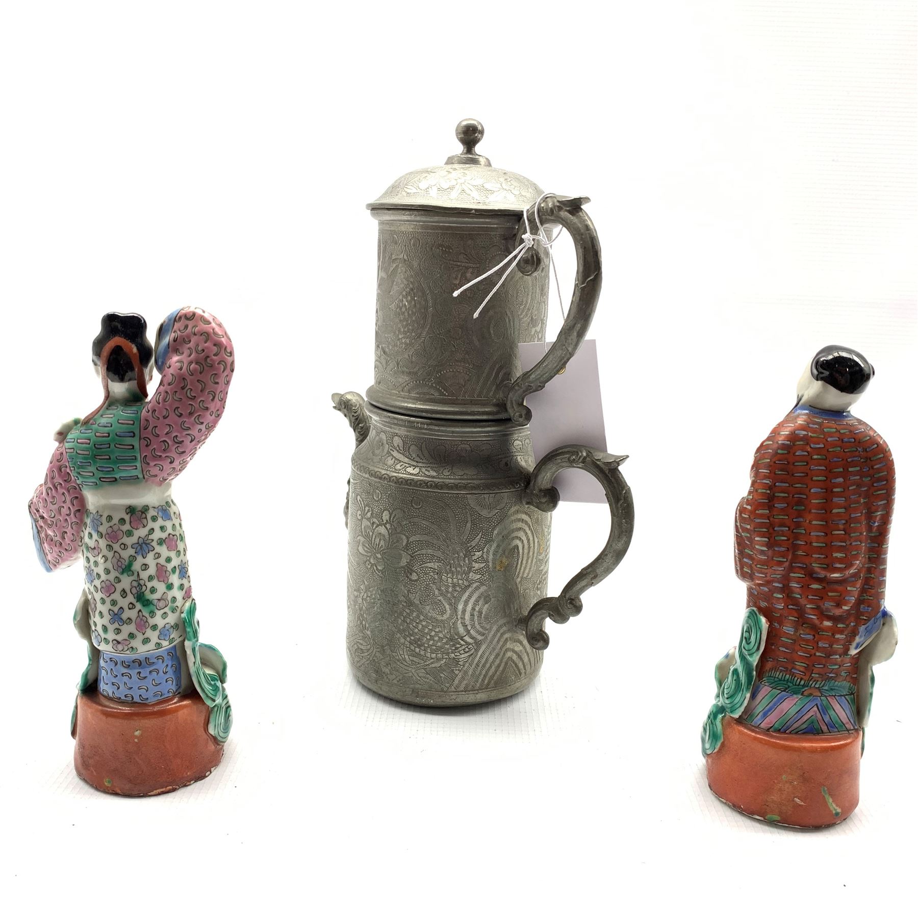 Pair of Chinese Republic male and female standing figures H17cm with pad marks to base and a Wahlee - Image 2 of 3