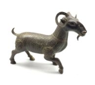 Chinese Archaic style bronze model of a Goat with inscription beneath