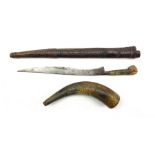 19th century European powder horn with incised decoration L21cm and an Eastern knife with horn handl