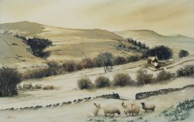 John Urwin (British Contemporary): Sheep Grazing in Winter