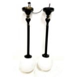 Pair of black and gilt metal pendant light fittings with opaque glass shades