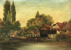L Reid (British 19th century): Watermill Landscape