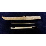 19th century walrus sailors work knife L24cm and two bone sailmakers tools