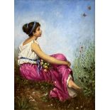 English School (20th Century): Country Girl Seated Amongst Floral Bank
