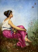 English School (20th Century): Country Girl Seated Amongst Floral Bank