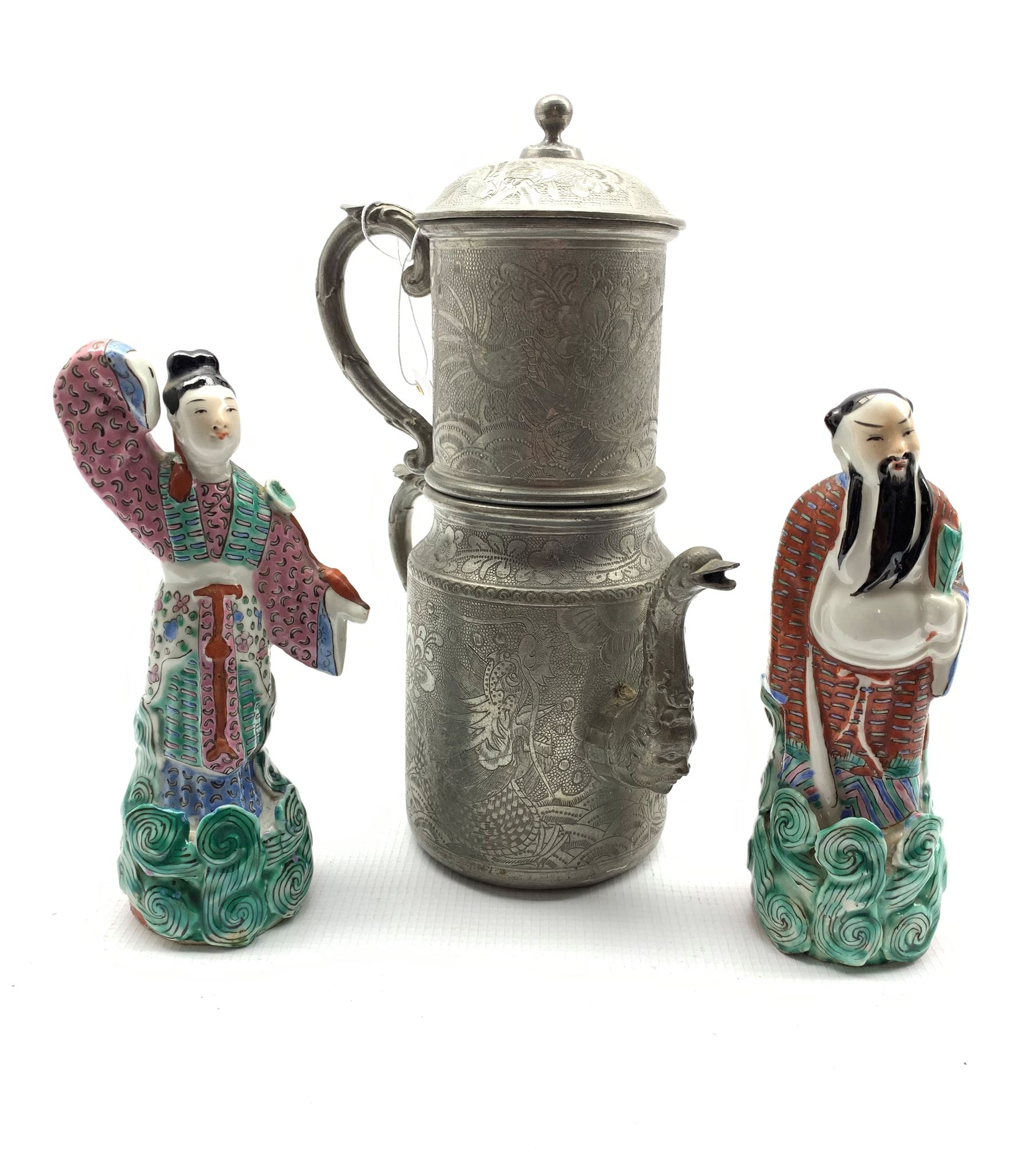 Pair of Chinese Republic male and female standing figures H17cm with pad marks to base and a Wahlee