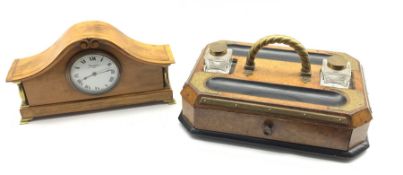 Victorian burr walnut and ebonised inkstand with brass handle and mounts