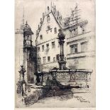 Adeline S Illingowrth (British 1858 - 1930): 'Fountain Near the Market Place Rothenburg' etching sig