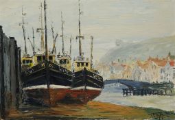 Jack Rigg (British 1927-): Boats before the Swing Bridge at Whitby