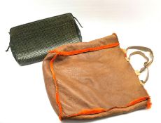 Mulberry Company woven green leather clutch bag together with a Emanuel Ungaro tan suede tote bag wi