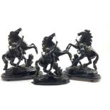 Pair of 19th century painted spelter Marley Horses on ebonised oval plinths