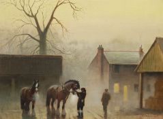 English School (20th century): Shire Horses in a Misty Village