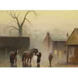 English School (20th century): Shire Horses in a Misty Village