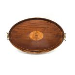 Edwardian Sheraton design mahogany oval tray with inlaid centre and gallery edge with brass handles