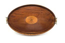 Edwardian Sheraton design mahogany oval tray with inlaid centre and gallery edge with brass handles