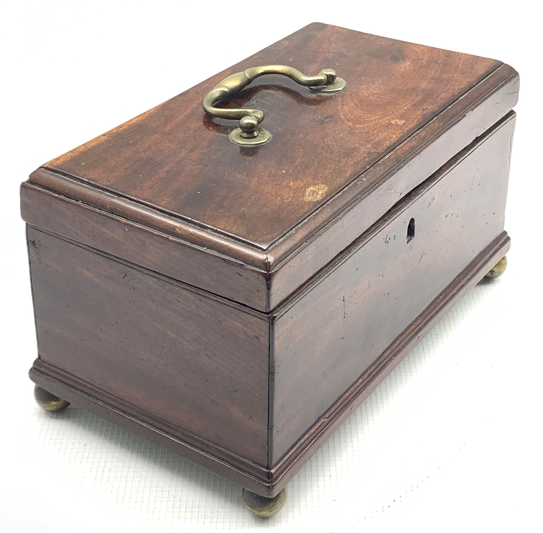 Early 19th century mahogany tea caddy with brass handle and ball feet W24cm - Image 2 of 3