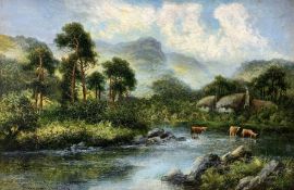 Attrib. William Langley (British 1852-1922): Highland Cattle Watering in a Scottish River