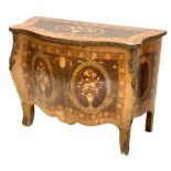 French Louis XV design kingwood commode of serpentine outline with floral marquetry inlay and enclos