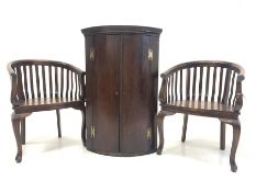 Pair of hardwood slatted tub shaped chairs (W63cm) together with a Georgian style mahogany bow front