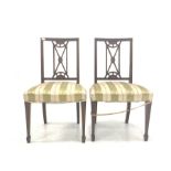 Pair Edwardian inlaid bedroom chairs with upholstered seats and square tapered supports with peg fee