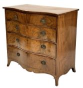 George III mahogany serpentine fronted chest of three long and two short drawers on splay supports W