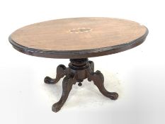 Victorian inlaid walnut oval tilt top loo table