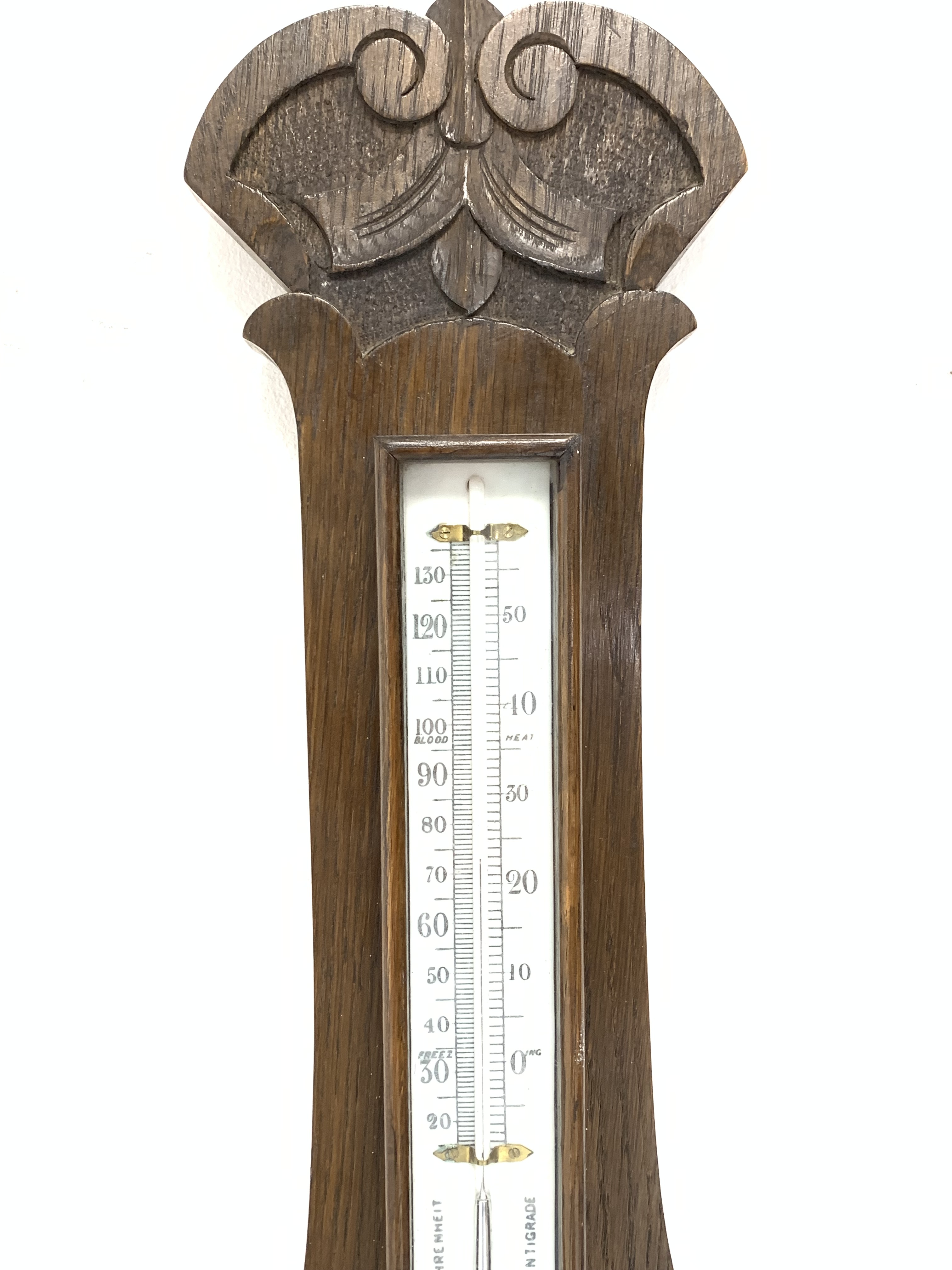 Edwardian carved oak aneroid wheel barometer and thermometer in banjo pattern case - Image 4 of 5