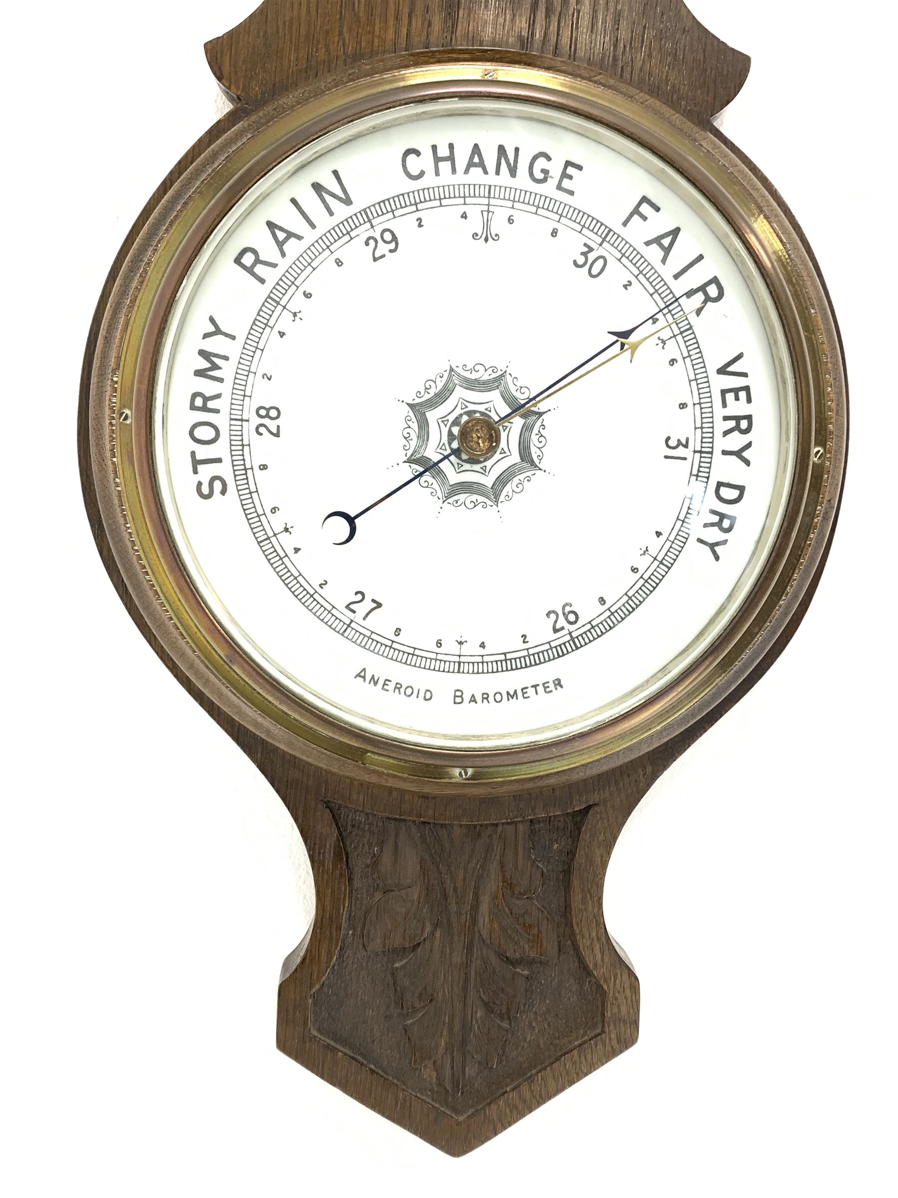 Edwardian carved oak aneroid wheel barometer and thermometer in banjo pattern case - Image 3 of 5