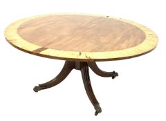Regency crossbanded mahogany circular tilt top dining table on quartette splay supports with brass c