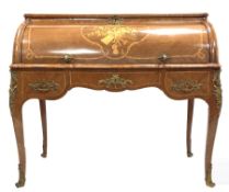 French Louis XV design kingwood cylinder front bureau with inlaid decoration