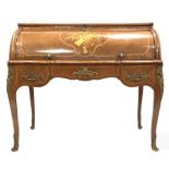 French Louis XV design kingwood cylinder front bureau with inlaid decoration