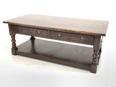 20th century oak two tier coffee table with two drawers