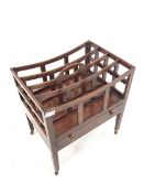 Quality Regency style mahogany Canterbury magazine rack with three divisions over single drawer