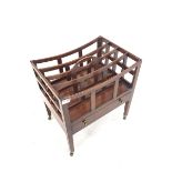 Quality Regency style mahogany Canterbury magazine rack with three divisions over single drawer