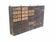 19th century pine workshop bank of drawers W145cm