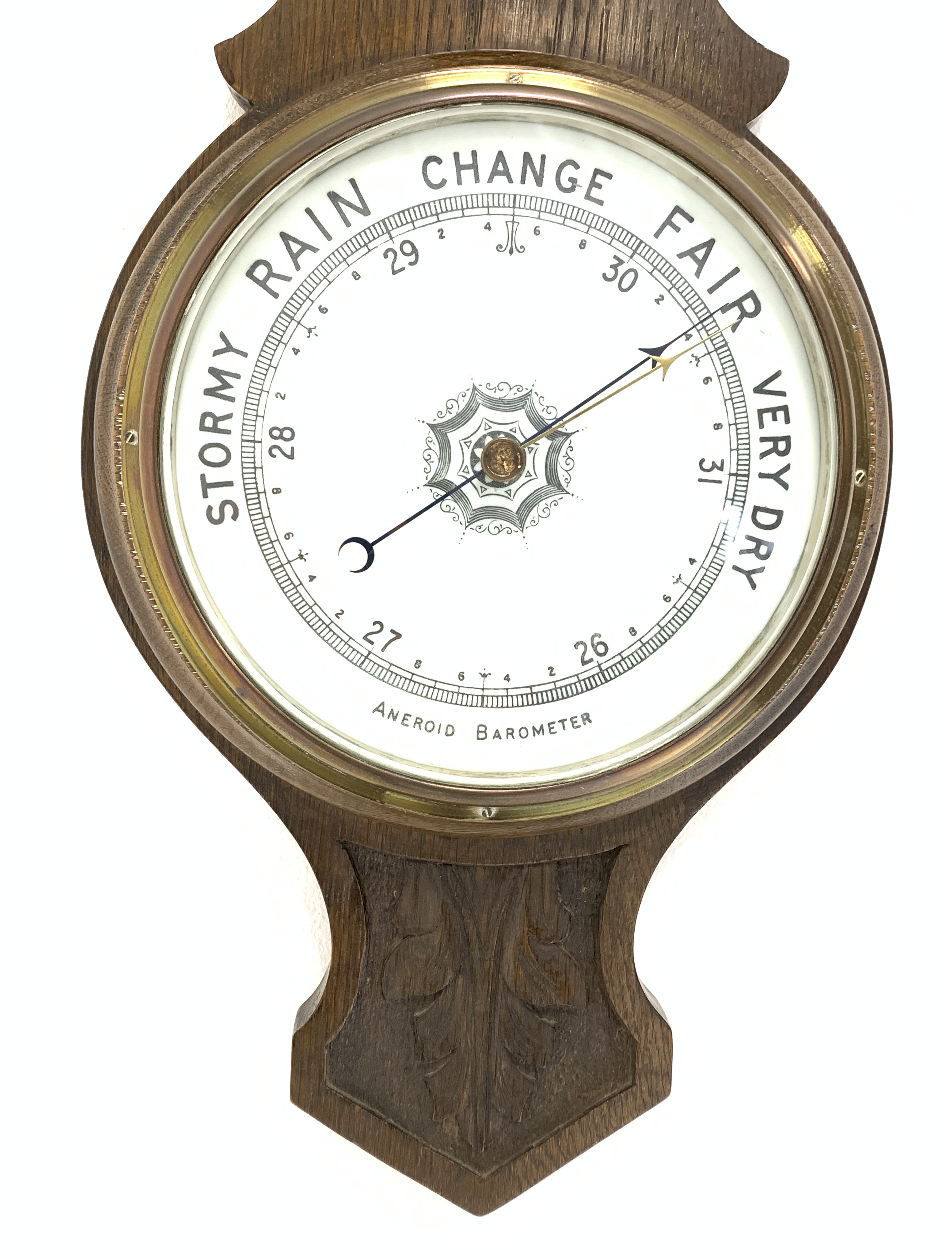 Edwardian carved oak aneroid wheel barometer and thermometer in banjo pattern case - Image 5 of 5