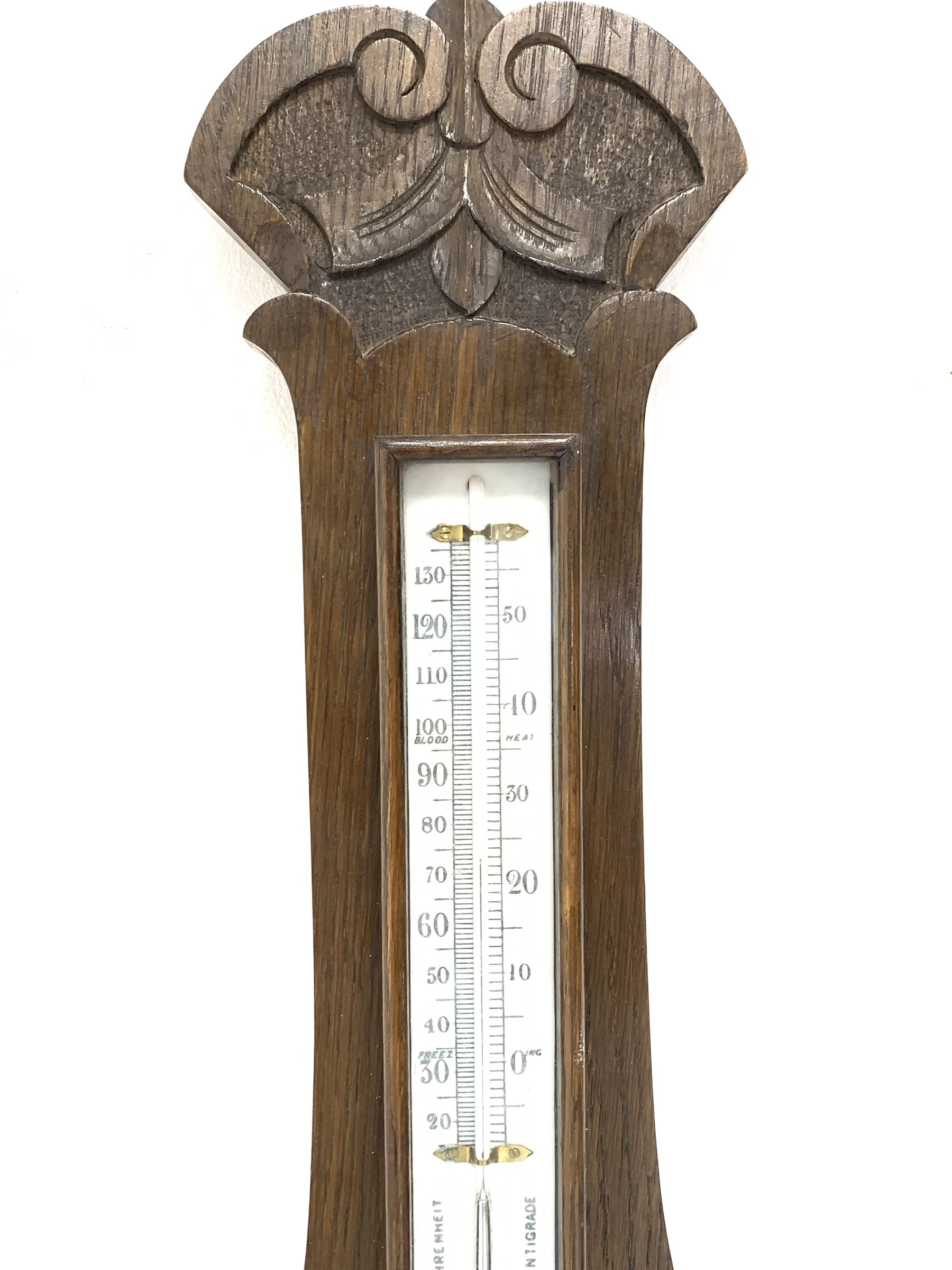 Edwardian carved oak aneroid wheel barometer and thermometer in banjo pattern case - Image 2 of 5
