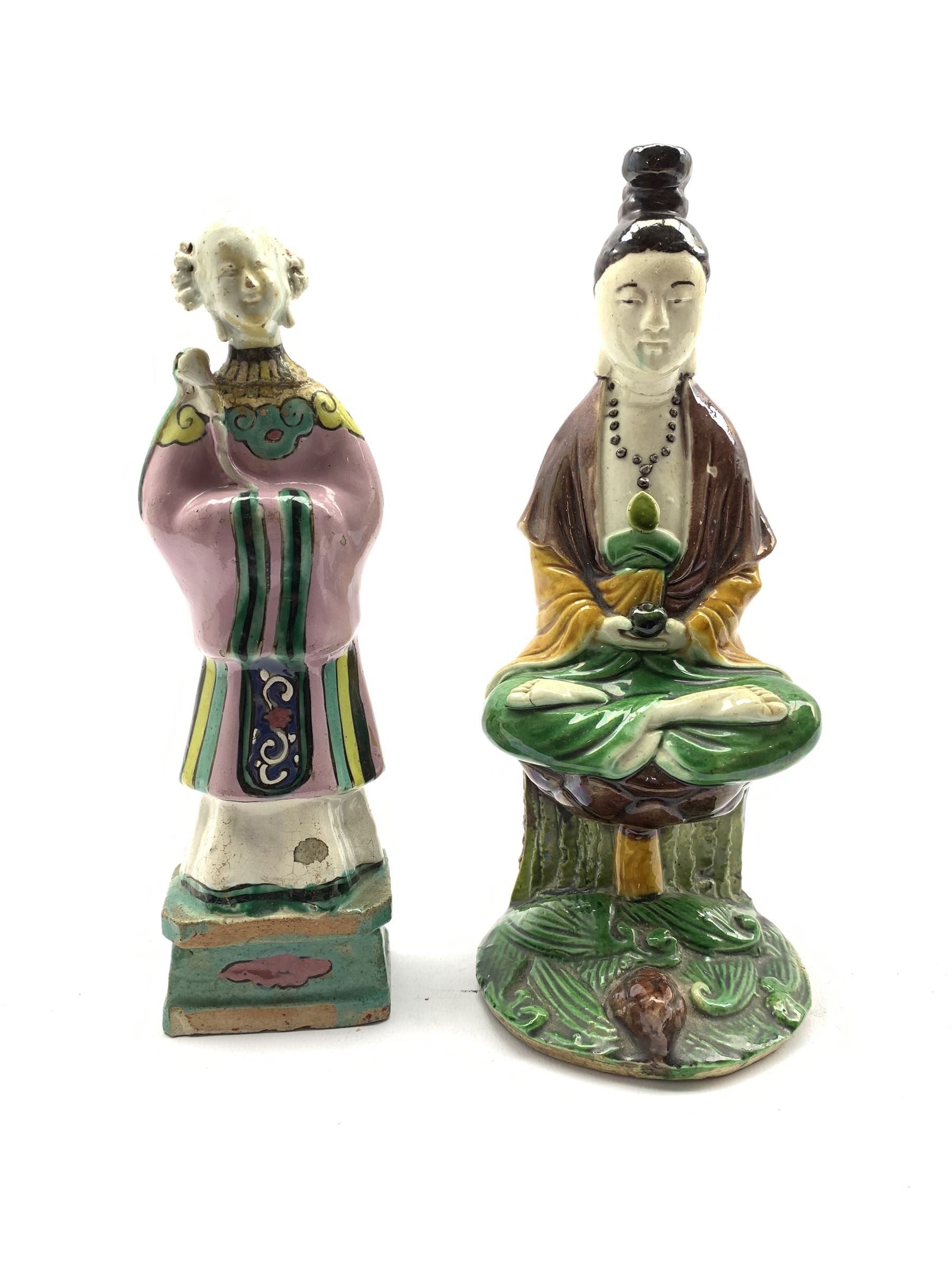 Chinese Sancai glazed figure depicting Guanyin H24.5cm together with a Chinese Famille-Rose figure o