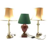 Three pairs of lamps with shades and another table lamp with toleware style base