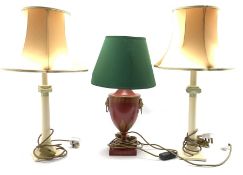 Three pairs of lamps with shades and another table lamp with toleware style base