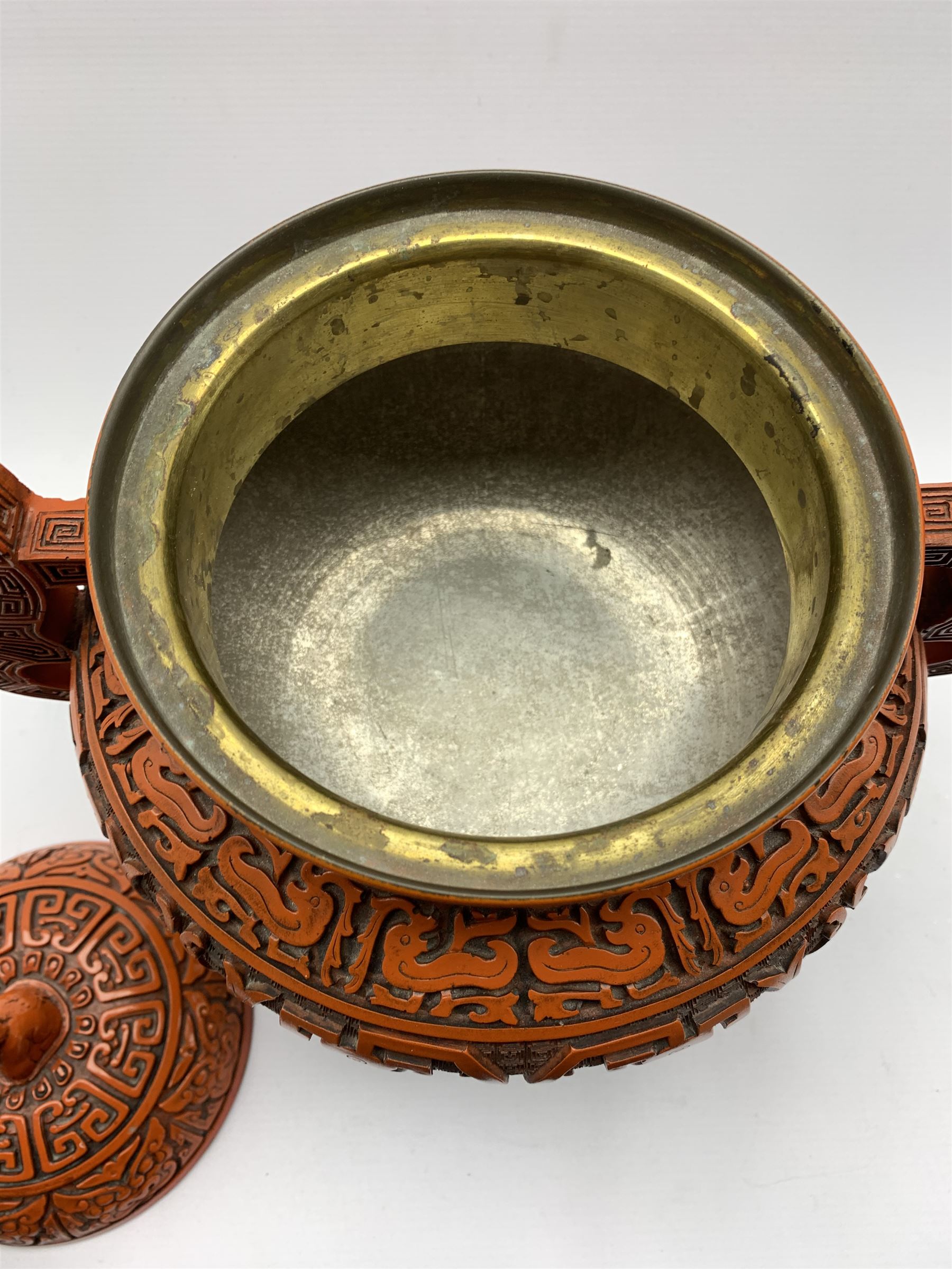 20th century Chinese Cinnabar style twin-handled censer and cover - Image 4 of 5