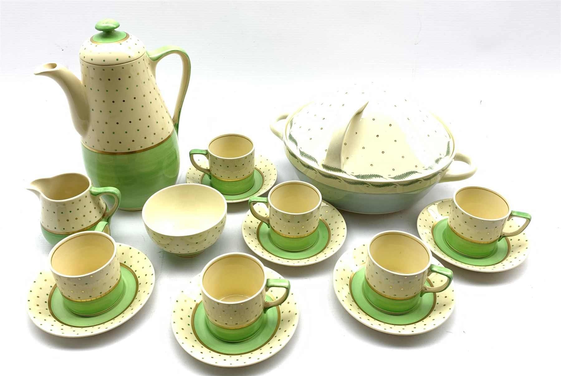 Art Deco Gray's Pottery 'Sunbuff' coffee set for six decorated with green and polka dot bands