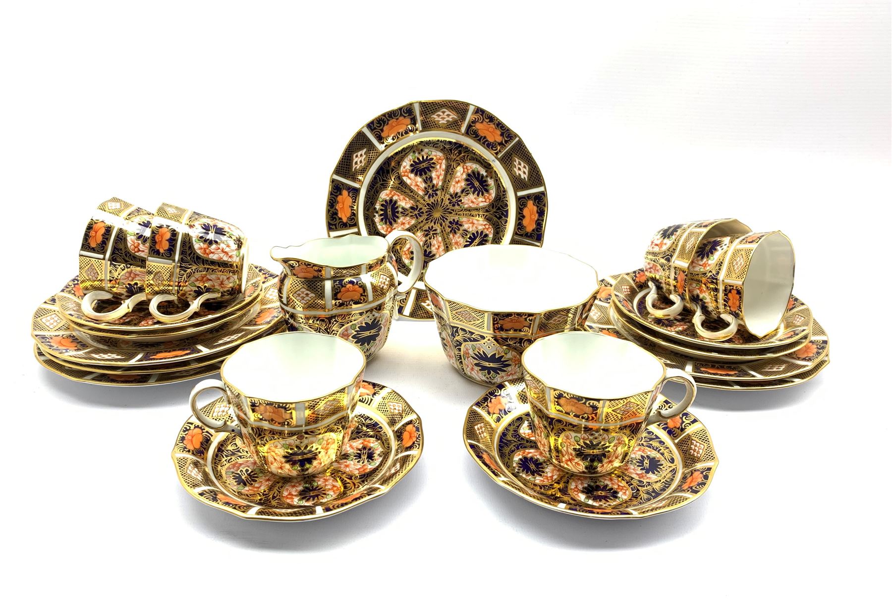 Early 20th century Royal Crown Derby Imari pattern no. 1128 tea set comprising six trios