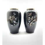 Pair of oriental black lacquer and mother-of-pearl inlaid vases stand