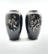 Pair of oriental black lacquer and mother-of-pearl inlaid vases stand