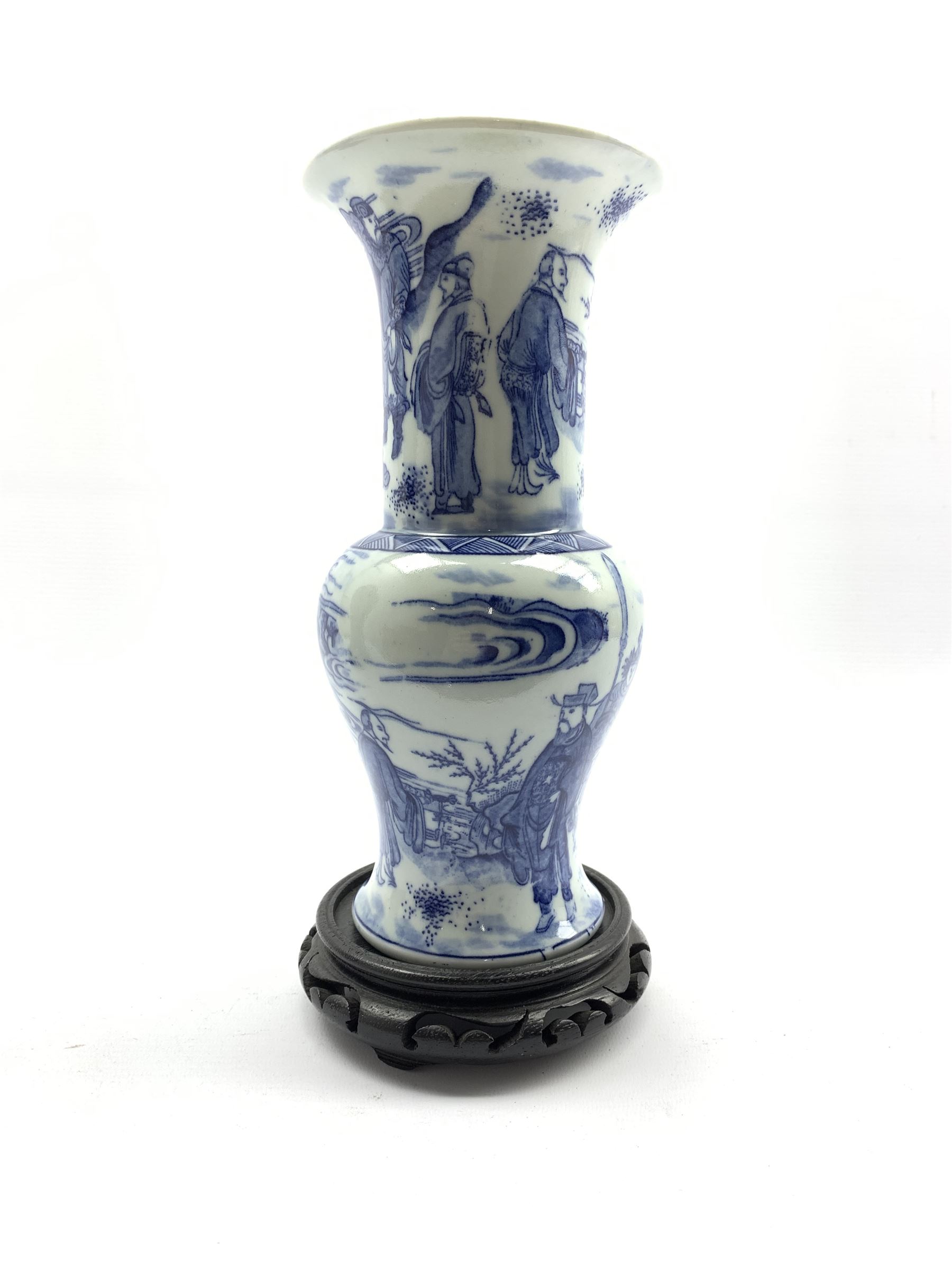 20th century Chinese blue and white vase decorated with figures on stand - Image 2 of 2