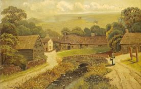Fred Challacombe (British 19/20th century): Rural Hamlet with stream