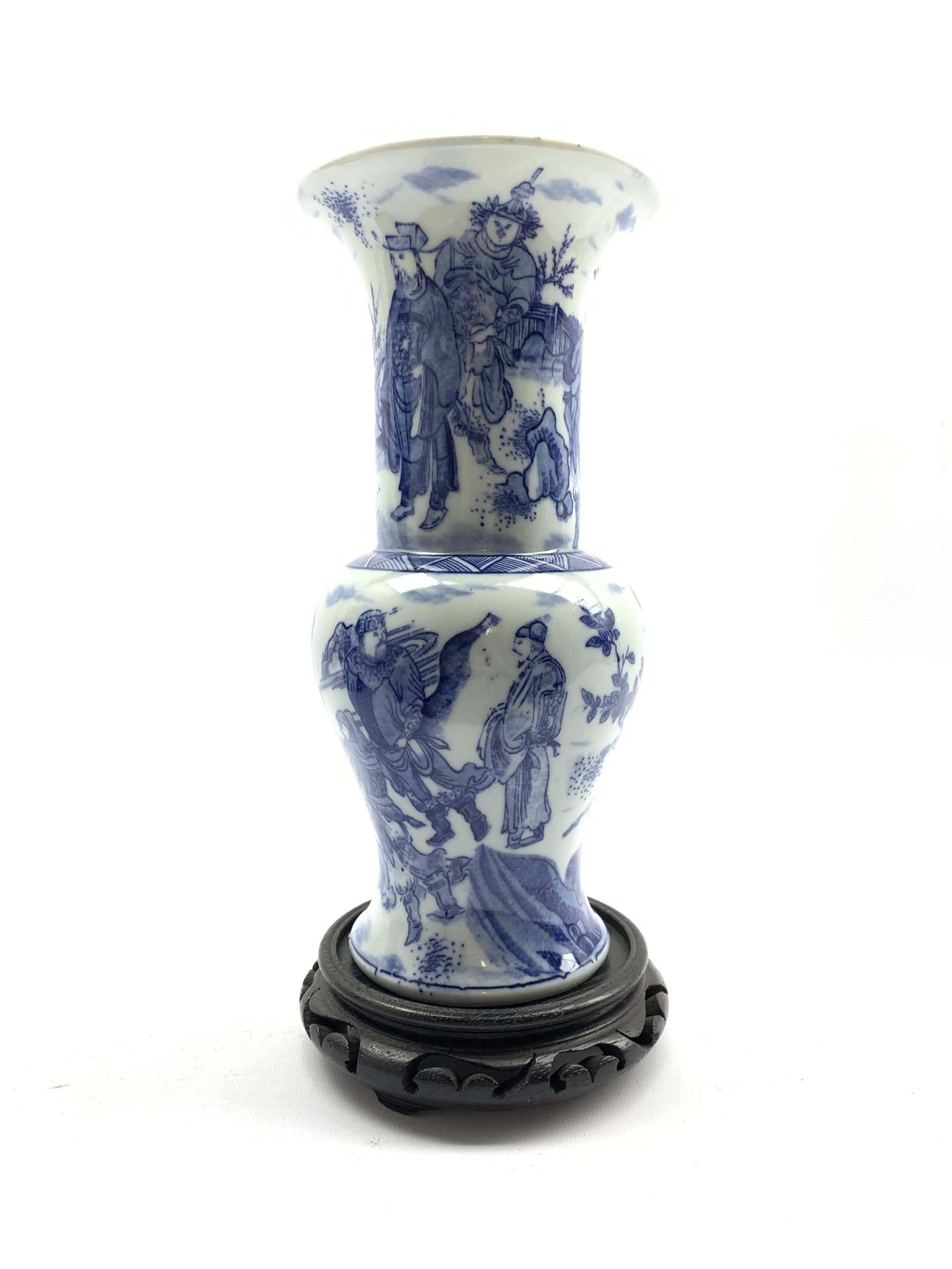 20th century Chinese blue and white vase decorated with figures on stand