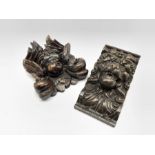 17th Century carved oak cherubs head with foliage 19cm x 18cm and a carved lion mask corbel 26cm x 1