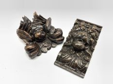 17th Century carved oak cherubs head with foliage 19cm x 18cm and a carved lion mask corbel 26cm x 1